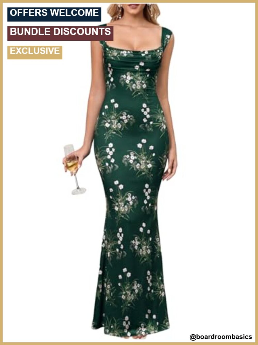 Floral Bodycon Maxi Dress Cowl Neck Mermaid Hem Wedding Guest Formal
